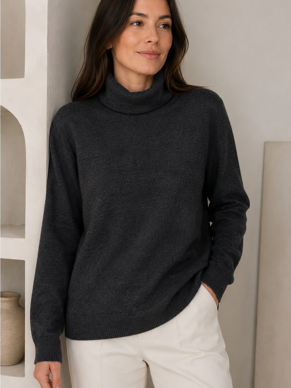 Jones New York Merino Wool Turtleneck Sweater Minimalist Classic Dark Academia